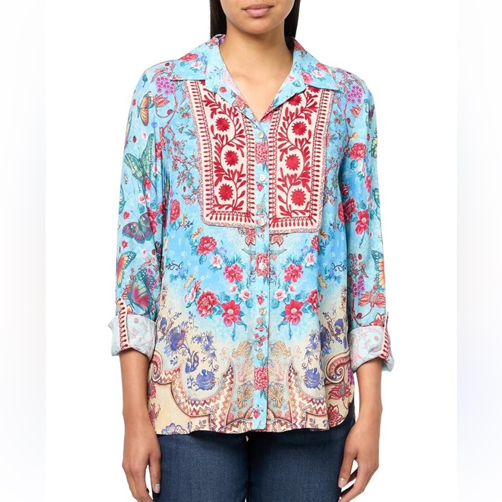 NEW John Mark Printed Floral Embroidered Button Front Tunic Blouse